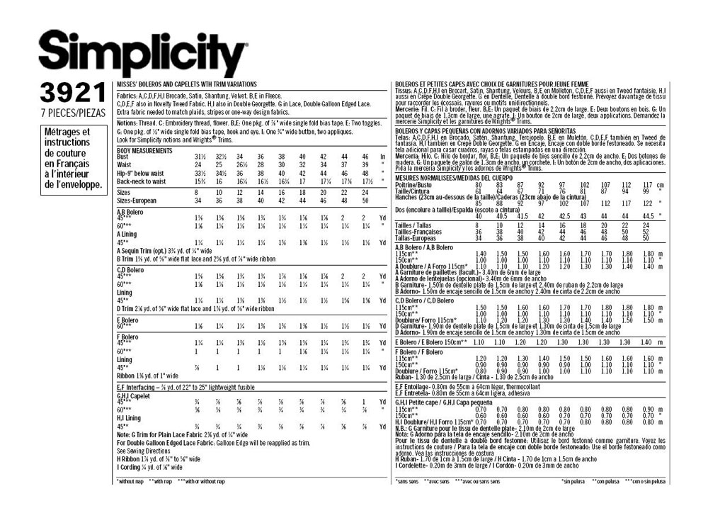 Выкройка Simplicity — Болеро - S3921 (снята с производства)